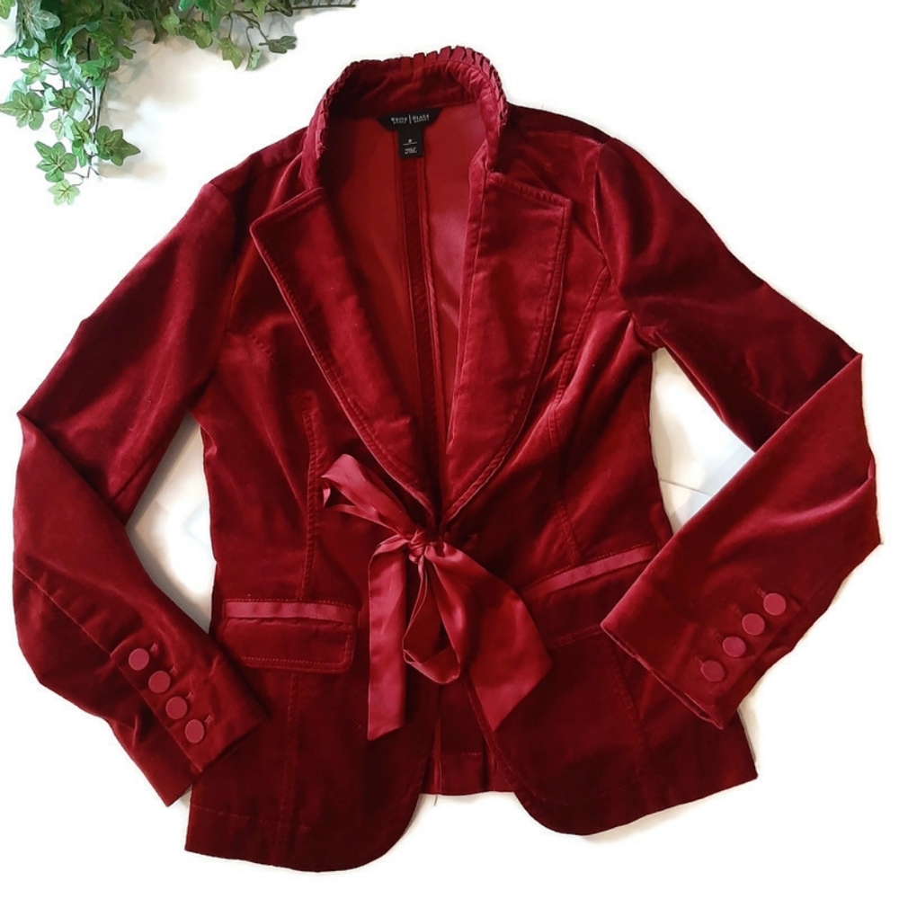 WHBM crimson velvet satin tie blazer